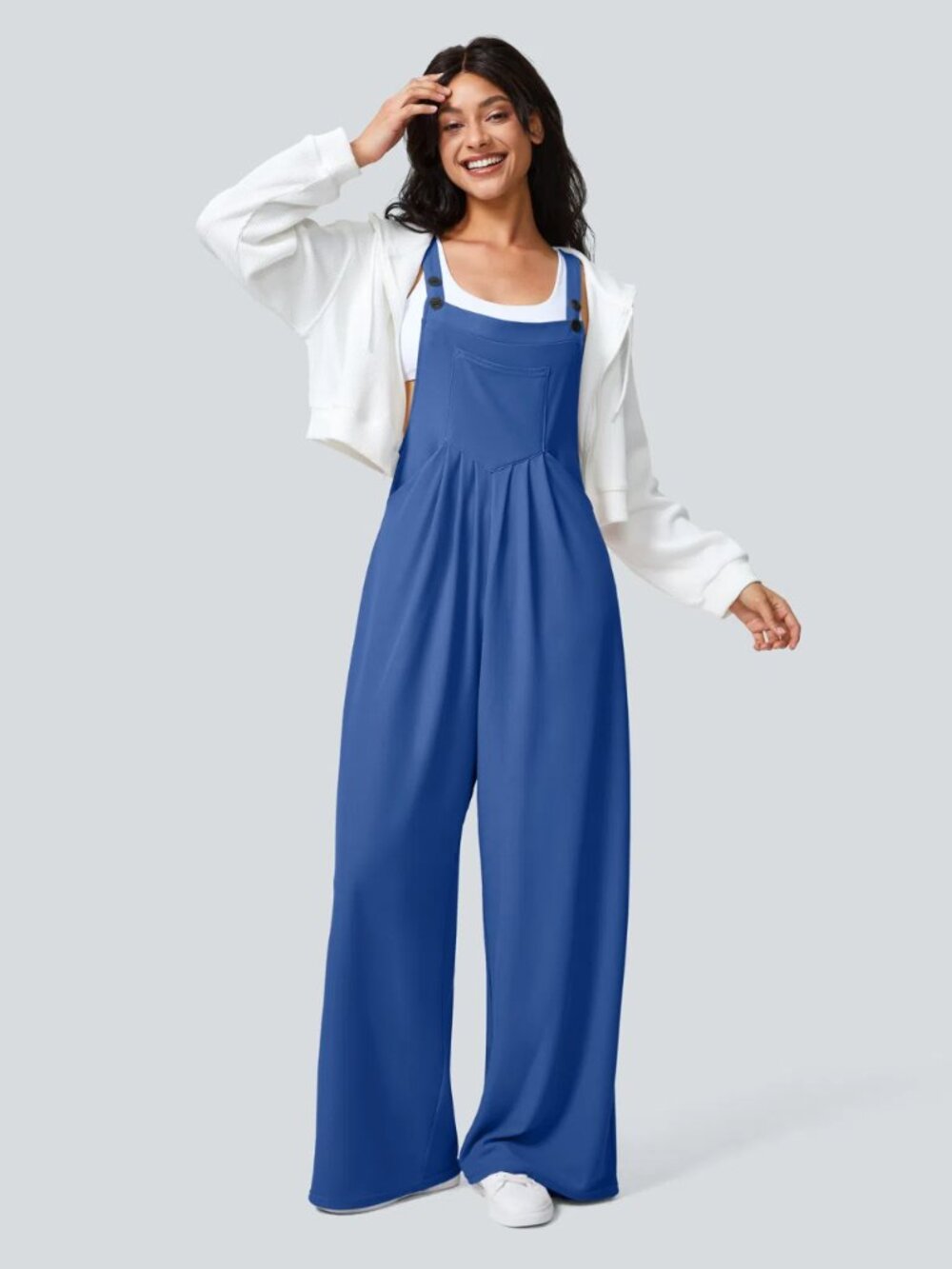 Halara Pockets Waffle Casual Overalls Wide Leg Jumpsuit Womens XL Blue Adjustabl